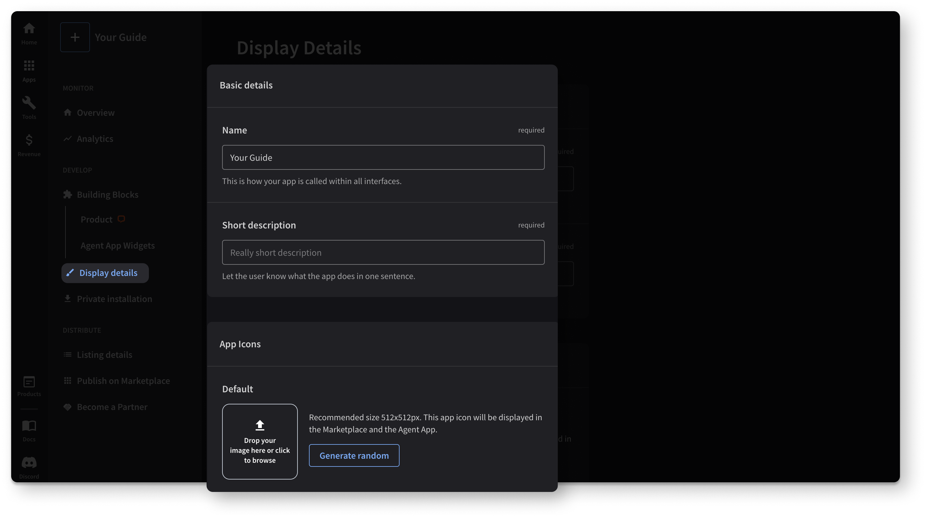 Creating LiveChat apps step 3, configuring the Display Details